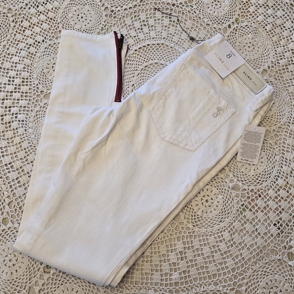 NWT SLINK Jeans Curvy Skinny White Jeans Size 8 / 29 Red Zipper‎ Ankle Stretch